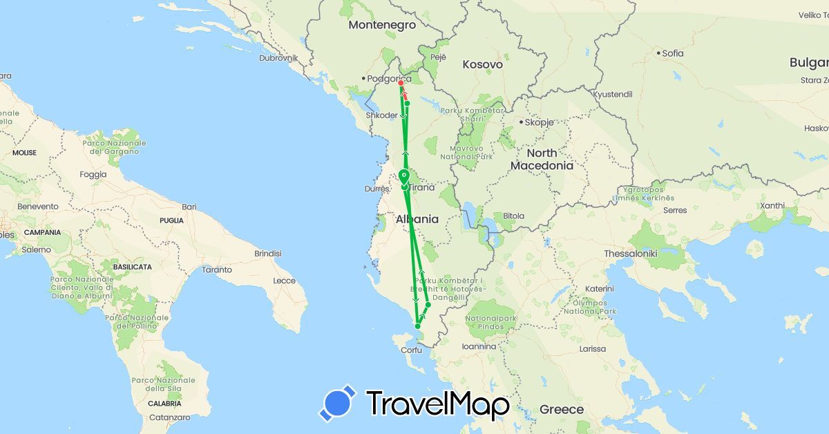 TravelMap itinerary: driving, bus, hiking in Albania (Europe)
